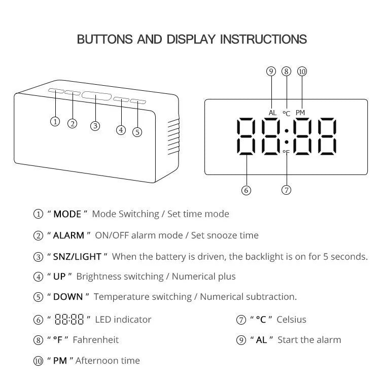 1Pc White Digital Clock LED Mirror Table Clock Snooze Display Time Night Light Desktop USB Alarm Clock Home Decor Desk Clock